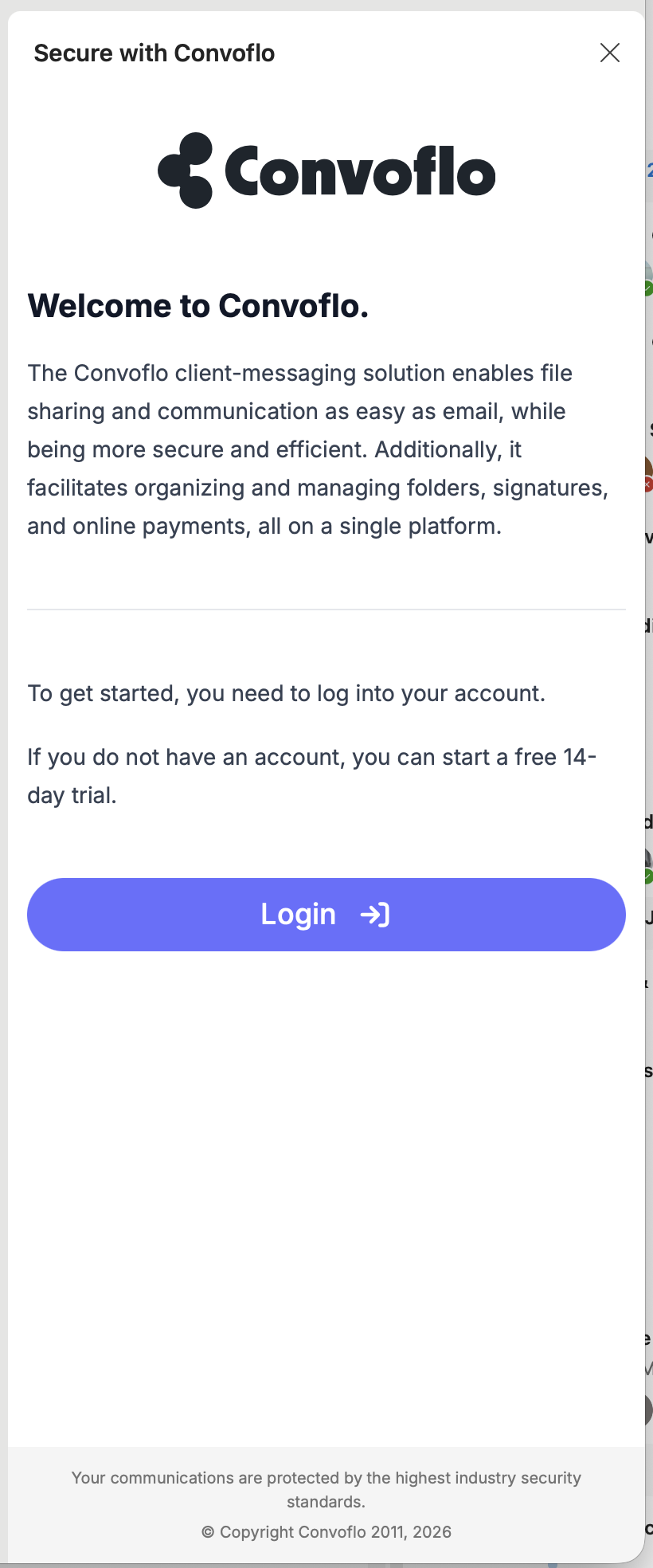Convoflo add-in login interface