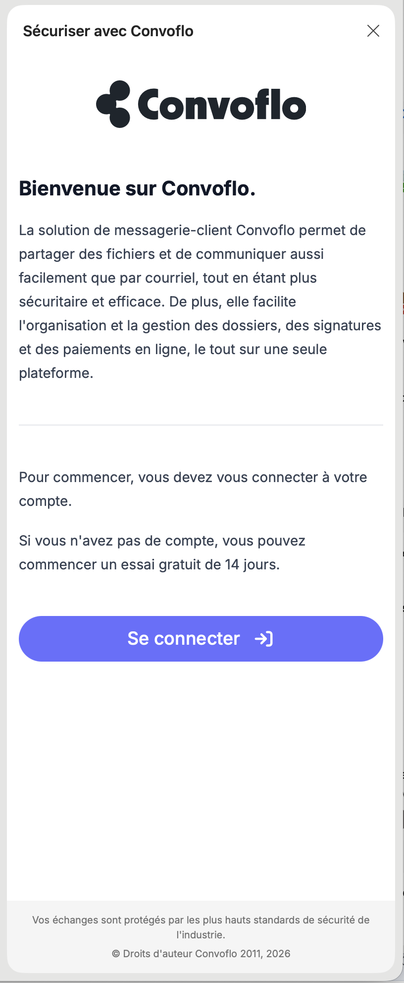 Interface de connexion de l'add-in Convoflo