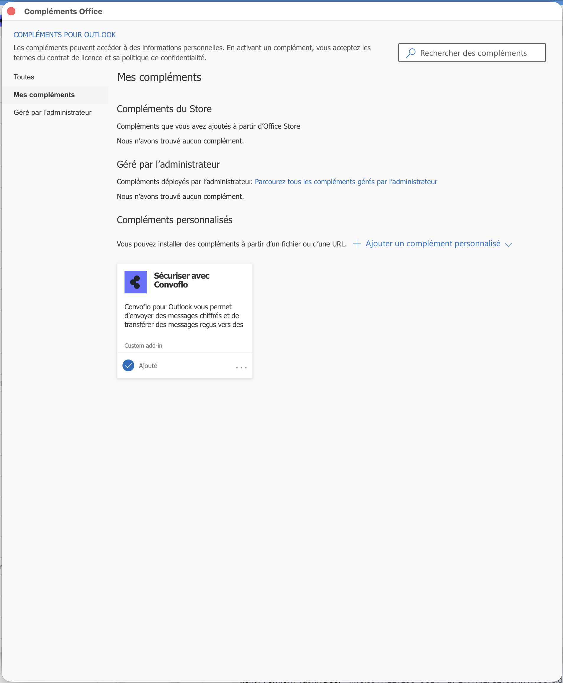 Chargement du fichier manifeste XML dans Outlook